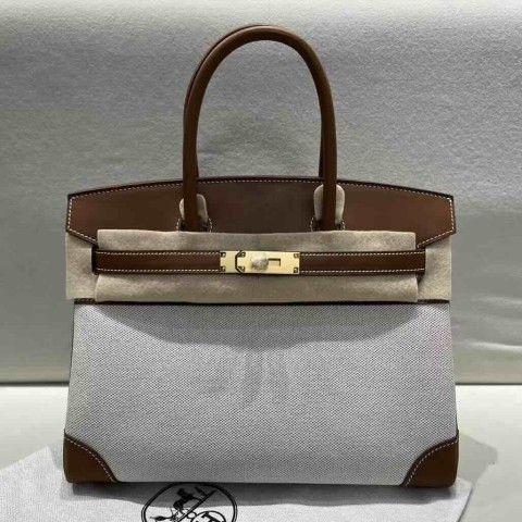 Hermès Birkin 30 Toile Goéland & Evercolor Gold Gold Hardware
