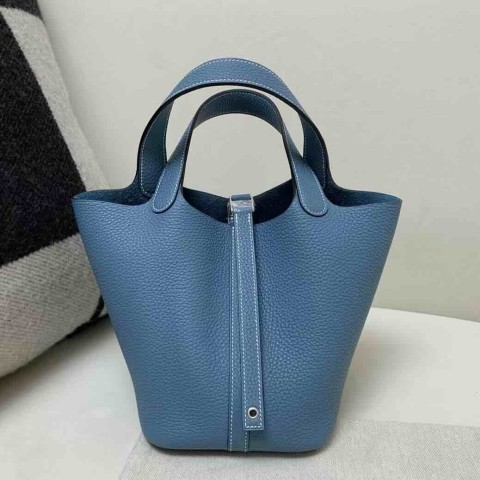 Hermès Picotin Lock 18 Clemence Bleu Jean Palladium Hardware
