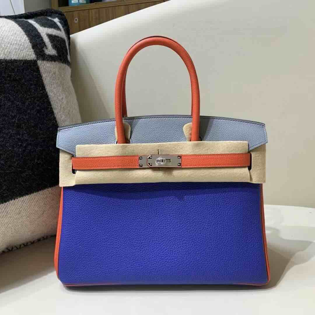 Hermès Birkin 25 Epsom Bleu Electrique / Bleu Brume / Orange Poppy Palladium Hardware (Tricolor)