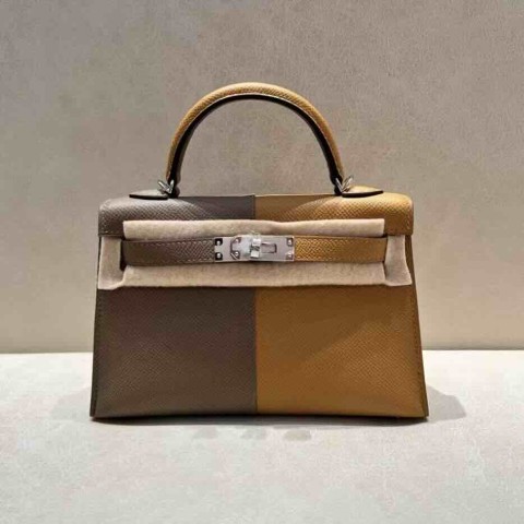 Hermès Mini Kelly II Sellier 20 Gris Etoupe / Sesame / Bleu Marine Epsom Leather / Palladium Hardware