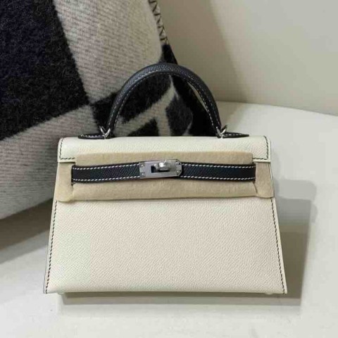 Hermès Mini Kelly II Sellier 20 Milky White / Black Epsom Leather / Palladium Hardware