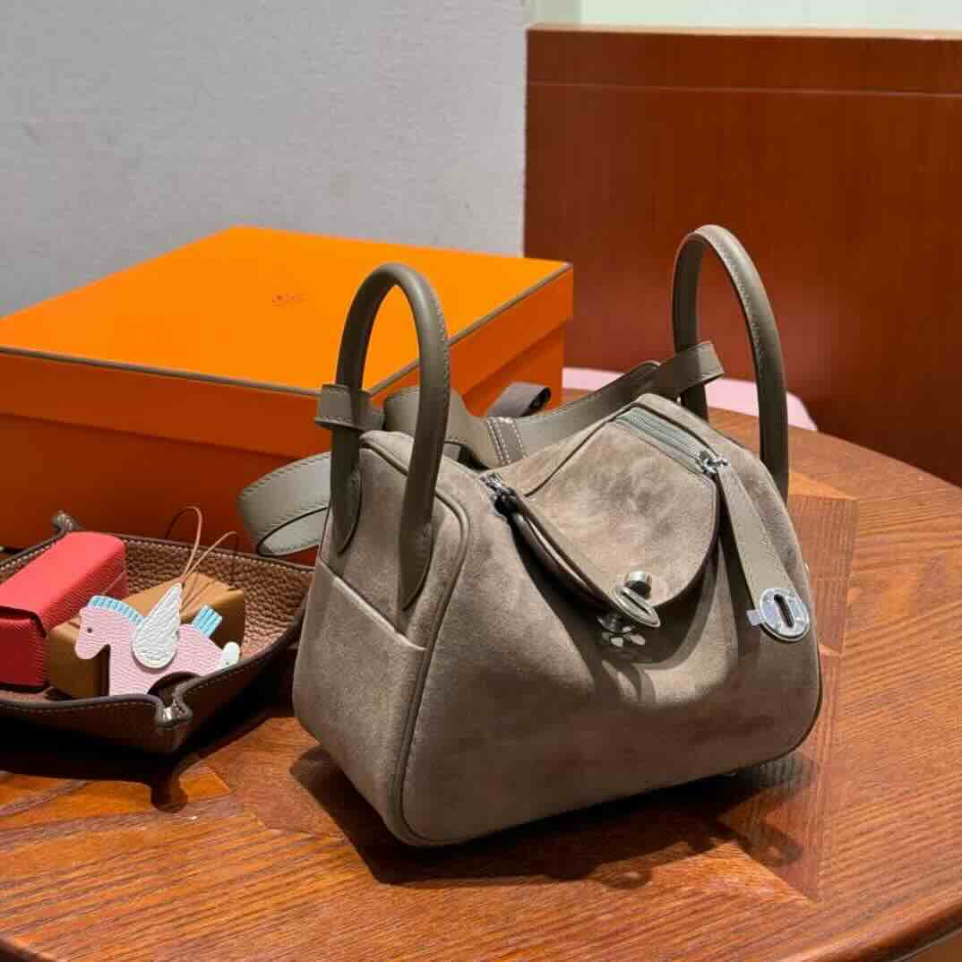 Hermès Mini Lindy Clemence Gris Mouette & Etoupe with Palladium Hardware