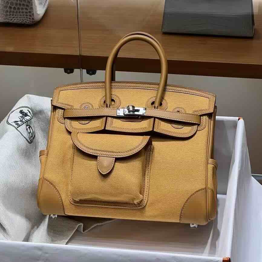 Hermès Birkin 25 Cargo Black Toile x Swift Leather Palladium Hardware