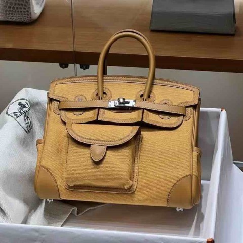 Hermès Birkin 25 Cargo Black Toile x Swift Leather Palladium Hardware