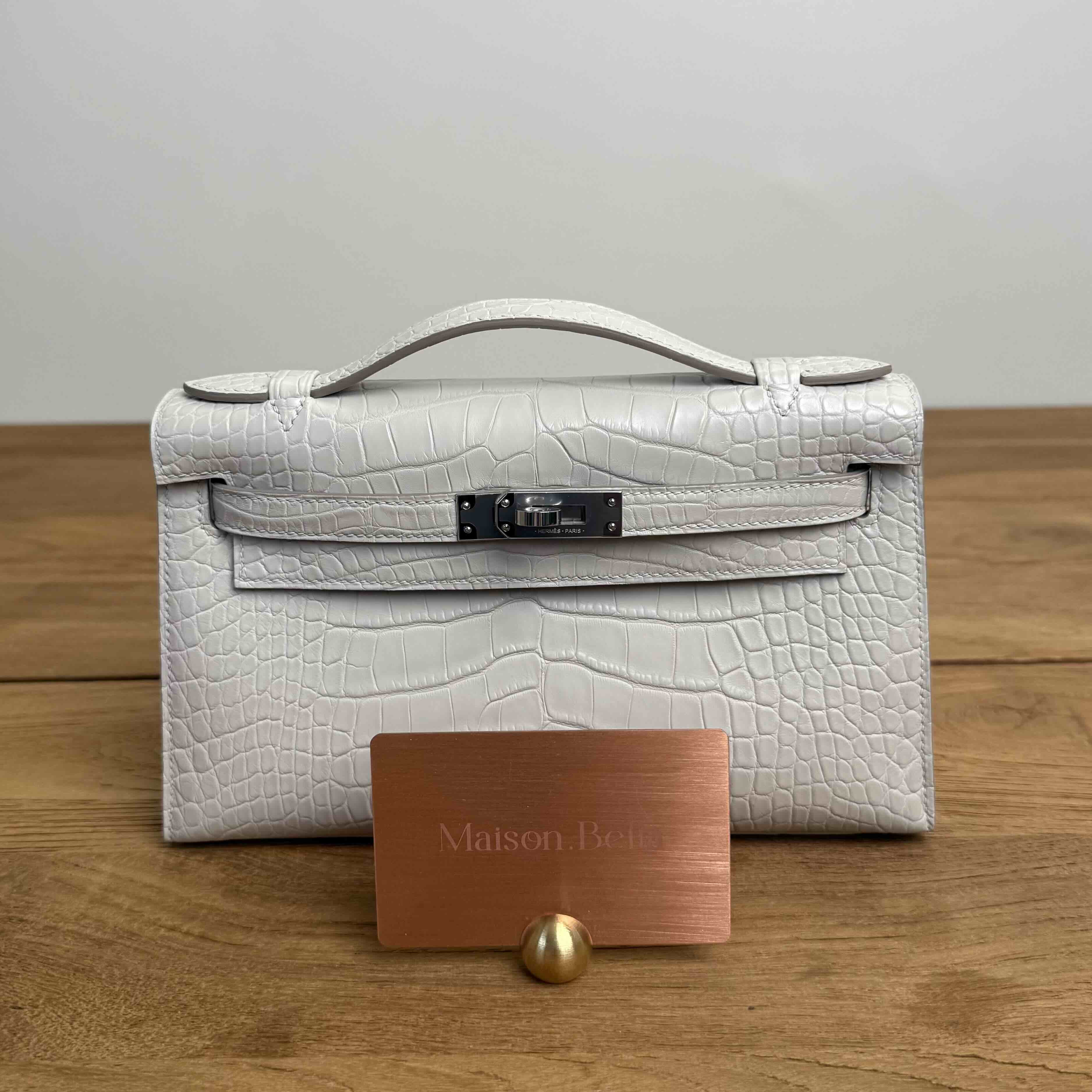 Hermès Kelly Pochette Béton Matte Crocodile Palladium Hardware
