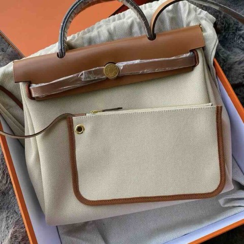 Hermès Herbag 31 Glacier White x Gold Brown Canvas & Leather / Palladium Hardware