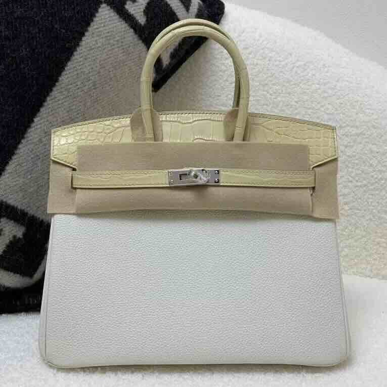 Hermès Birkin 25cm Togo & Crocodile Leather Mushroom White & Vanilla / Palladium Hardware