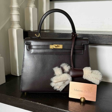 Hermes Kelly 25 Box Chocolate Gold Hardware