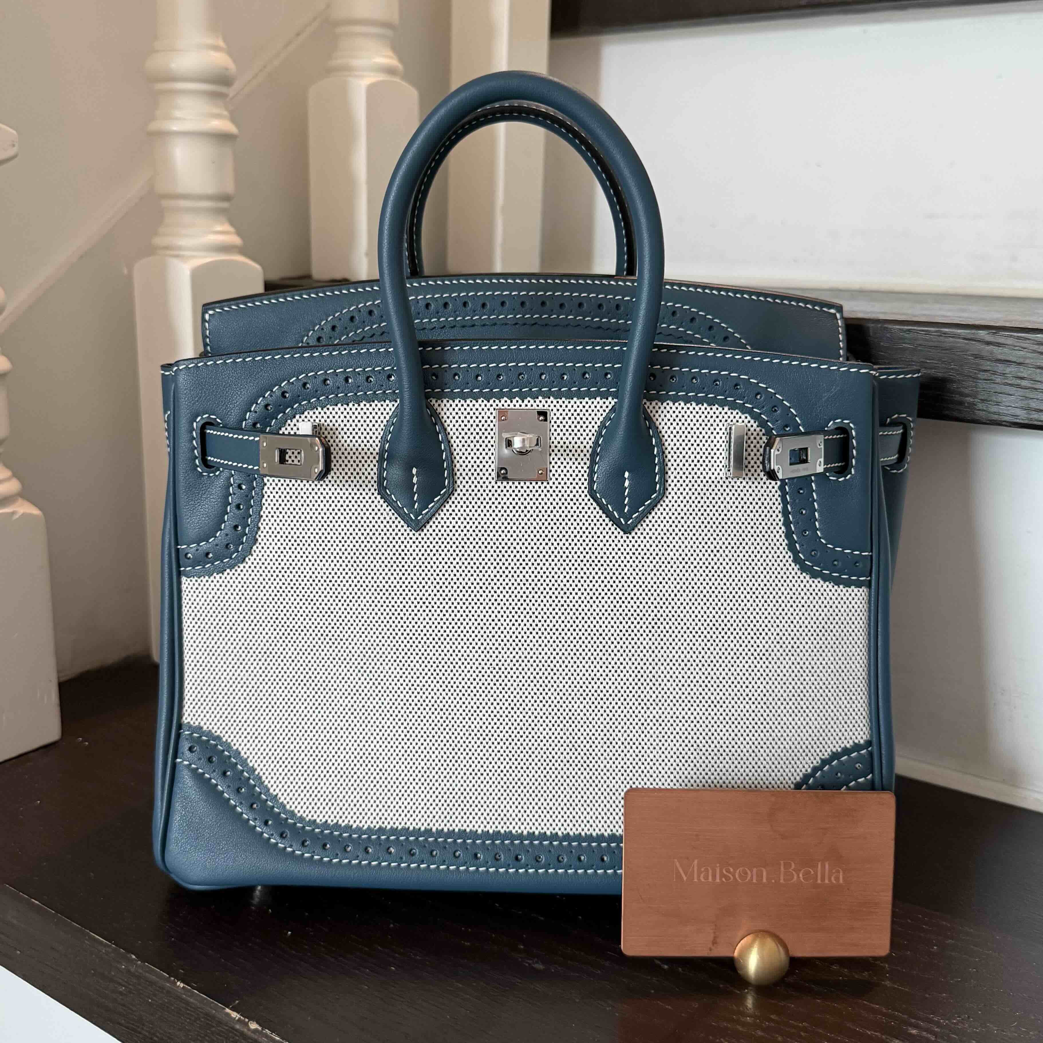 Hermès Birkin25 Ghillies Toile Goéland & Bleu de Malte Swift PHW