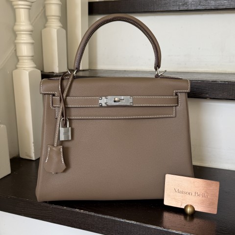 Hermès Kelly 28 Sellier Swift Etoupe / Jaune Ambre Palladium Hardware with Strap