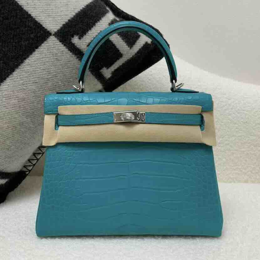 Hermès Kelly 25 Alligator Shiny Blue Paon (7F Peacock Blue) with Palladium Hardware