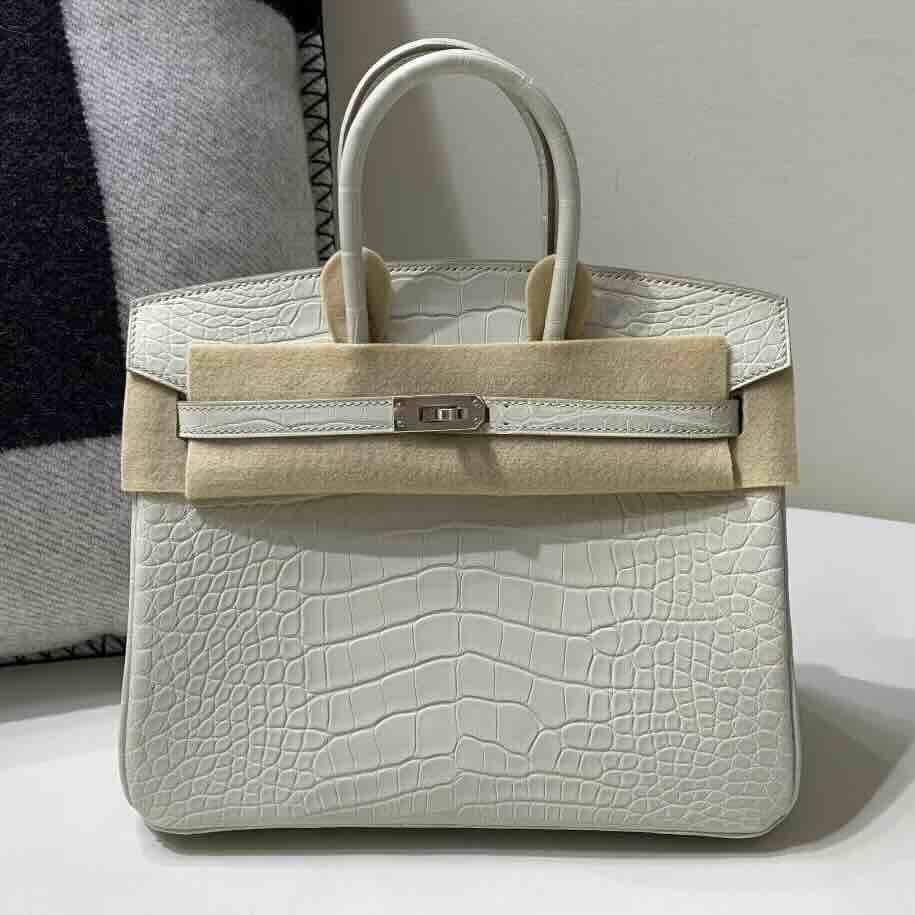 Hermès Birkin 25 Alligator Matte Glacier White (8L Beton) with Palladium Hardware (In Stock)