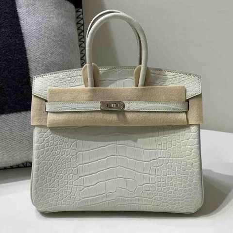 Hermès Birkin 25 Alligator Matte Glacier White (8L Beton) with Palladium Hardware (In Stock)