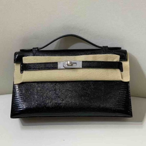 Hermès Kelly Pochette Lizard Noir x Palladium Hardware