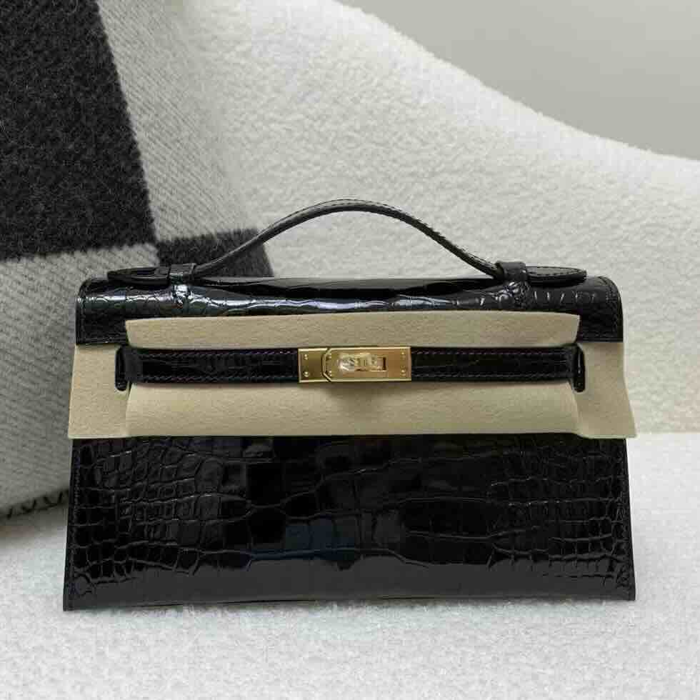 Hermès Pochette Shiny Alligator Black – Gold Hardware