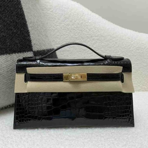 Hermès Pochette Shiny Alligator Black – Gold Hardware