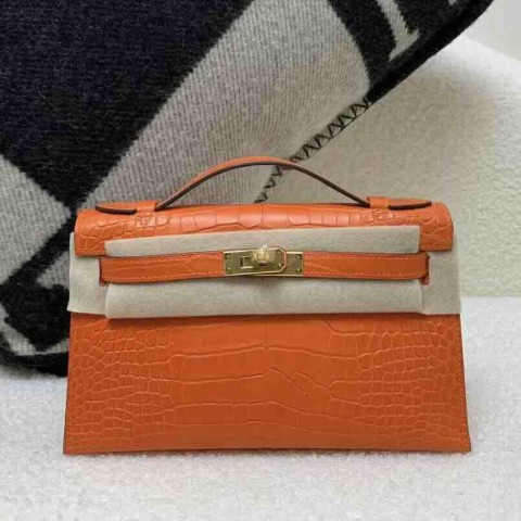 Hermès Pochette Matte Alligator Orange with Gold Hardware