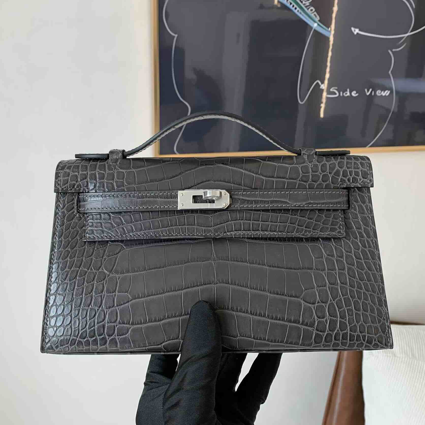 Hermès Pochette Matte Alligator Graphite (88) with Palladium Hardware