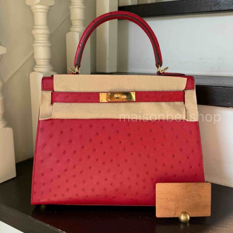 Hermès Kelly 28 Ostrich Rouge Vif  x Gold Hardware