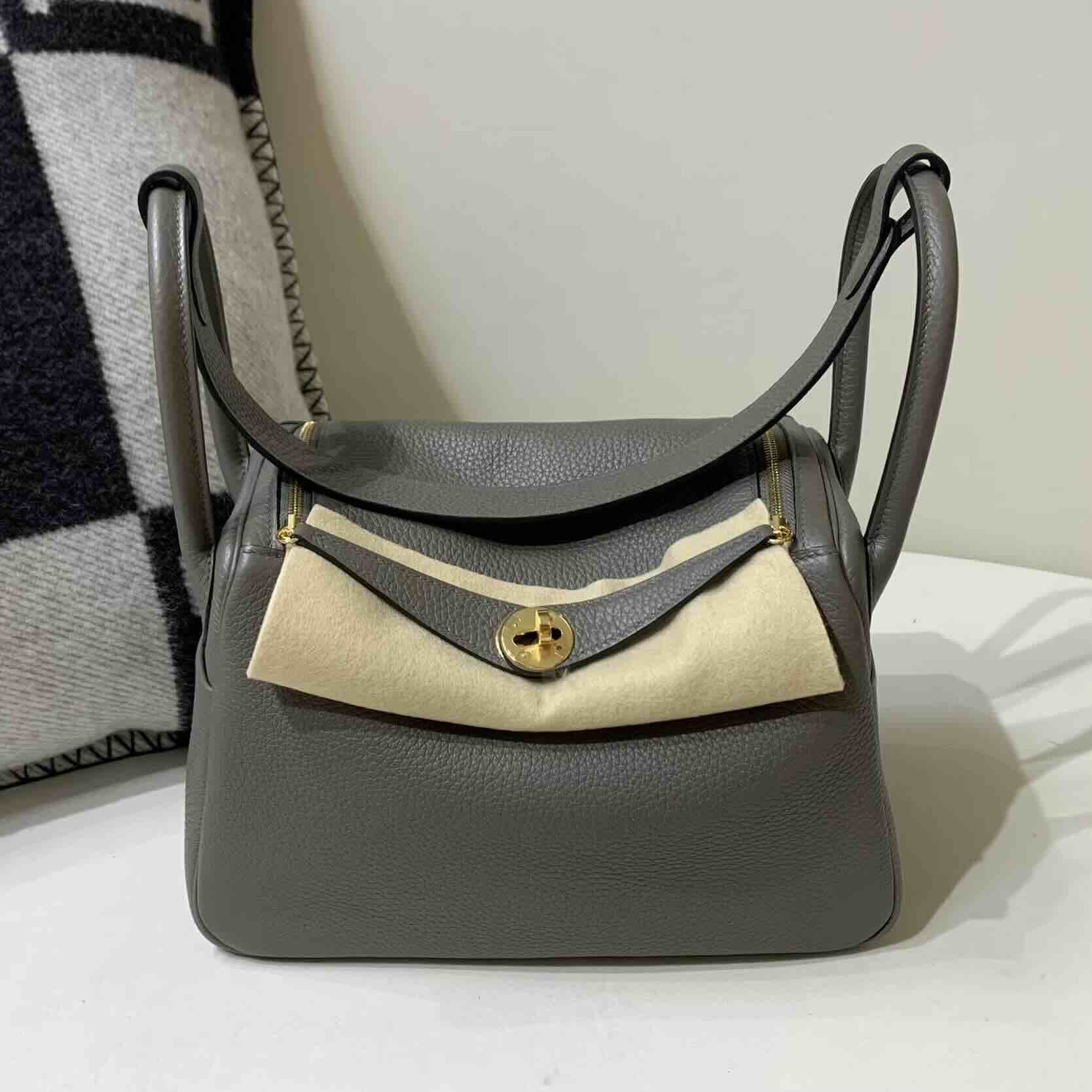 Hermès Lindy 26cm Clemence Etain (8F) with Gold Hardware