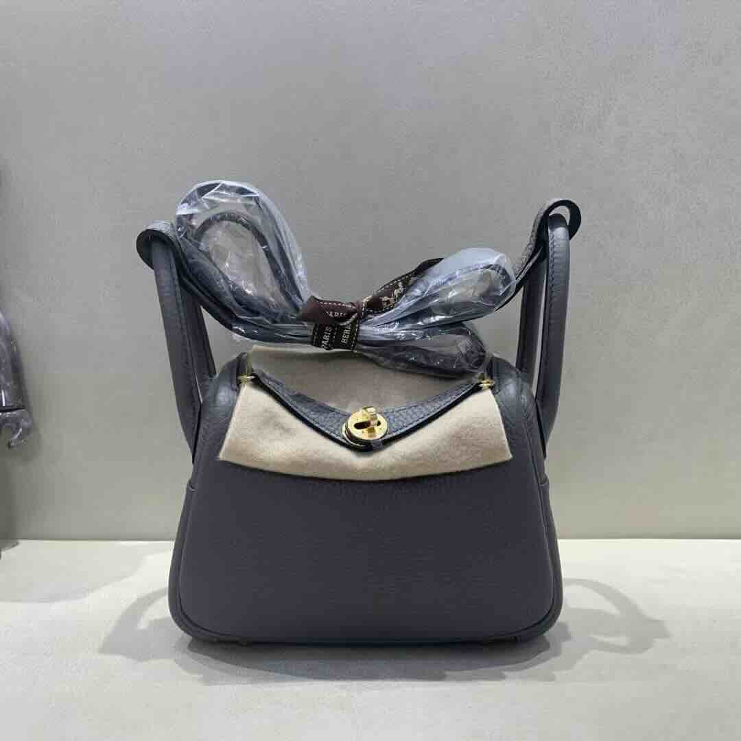 Hermès Mini Lindy Clemence Gris Meyer (0L) x Gold Hardware